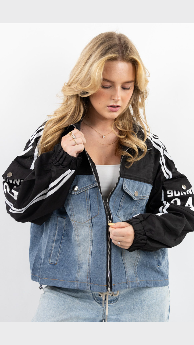 Striped Sleeve Half Denim Jacket FC1960