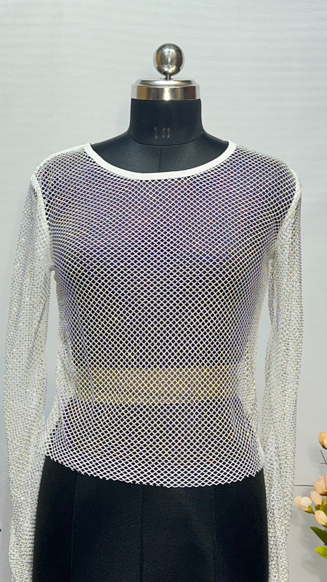 Stunning Rhinestone See Through Net Women Top FC1808