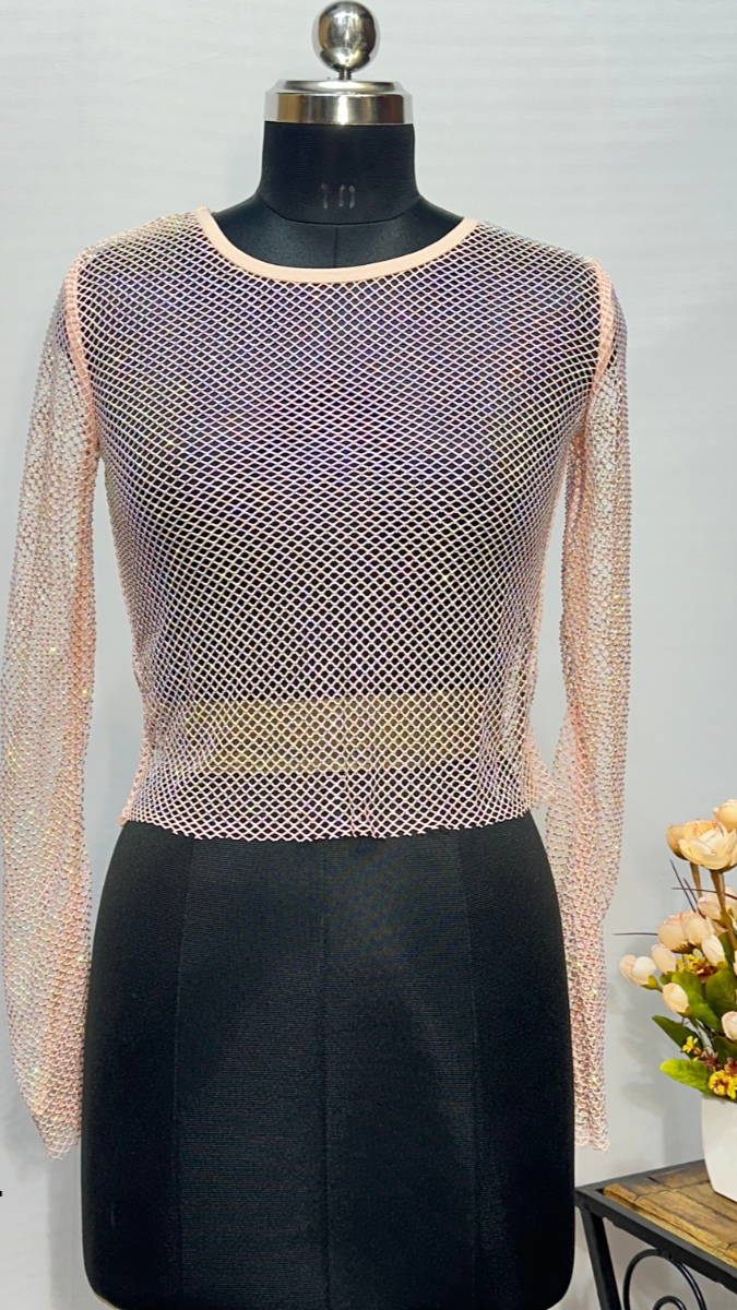 Stunning Rhinestone See Through Net Women Top FC1808