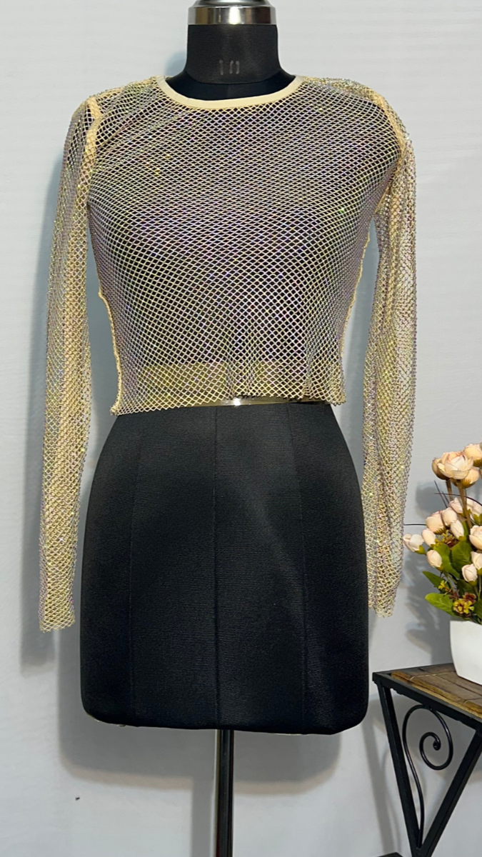 Stunning Rhinestone See Through Net Women Top FC1808