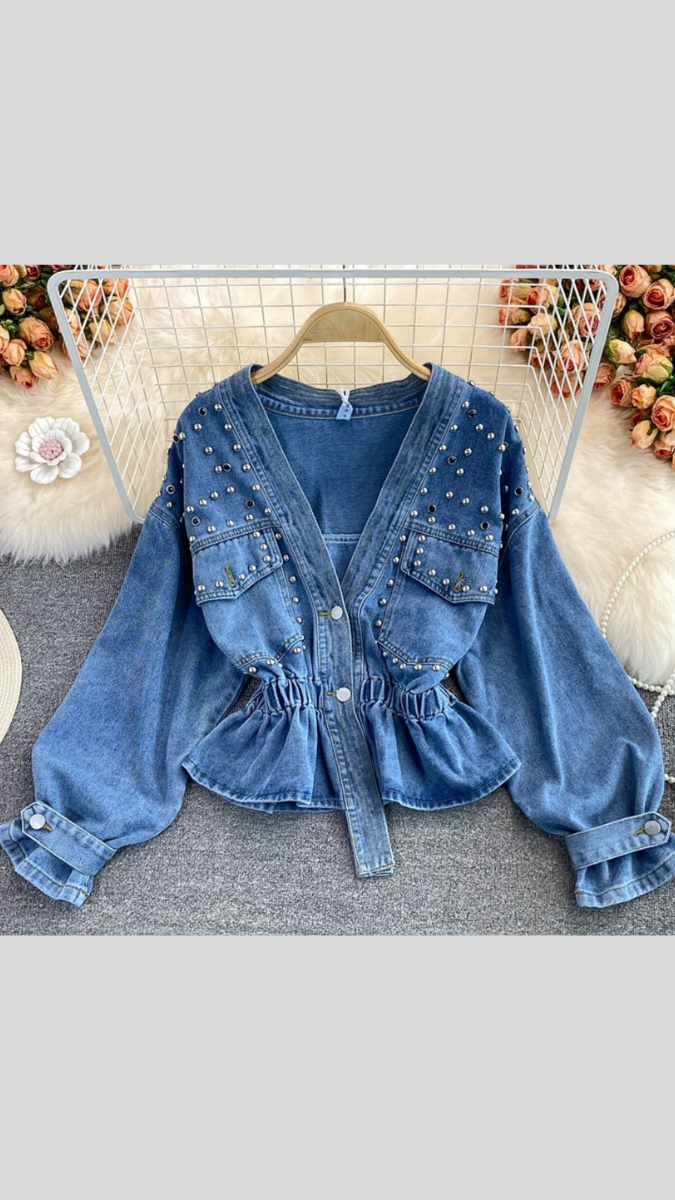 Stylish Stone Embedded Denim Shirt FC1944