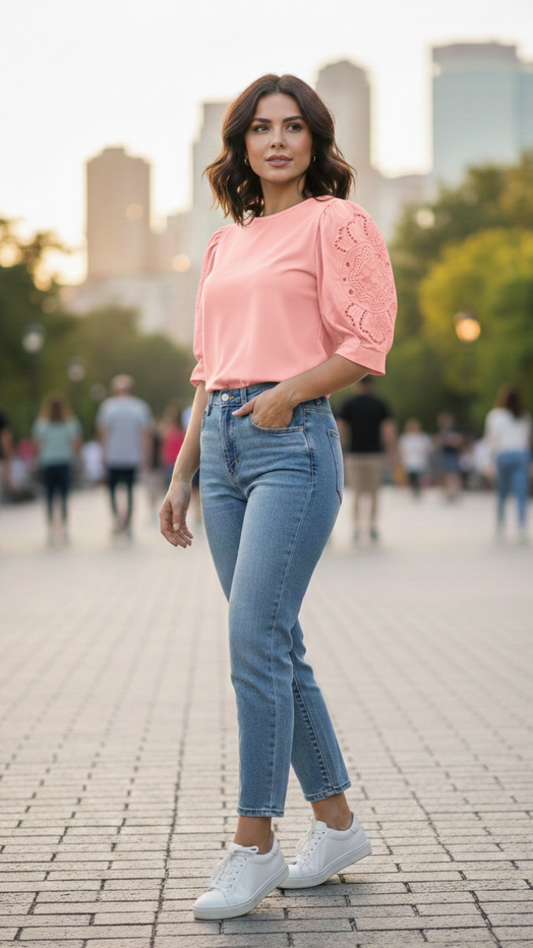 Stylish Balloon Sleeve Round Neck Top FC2163