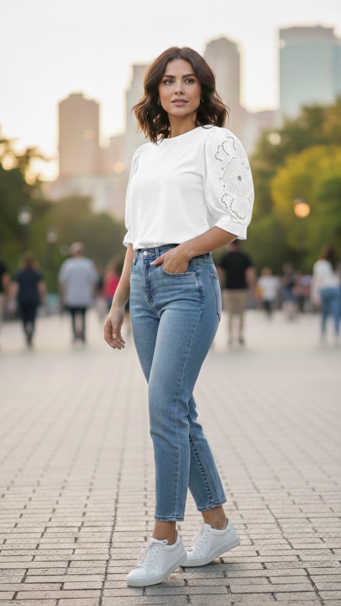 Stylish Balloon Sleeve Round Neck Top FC2163