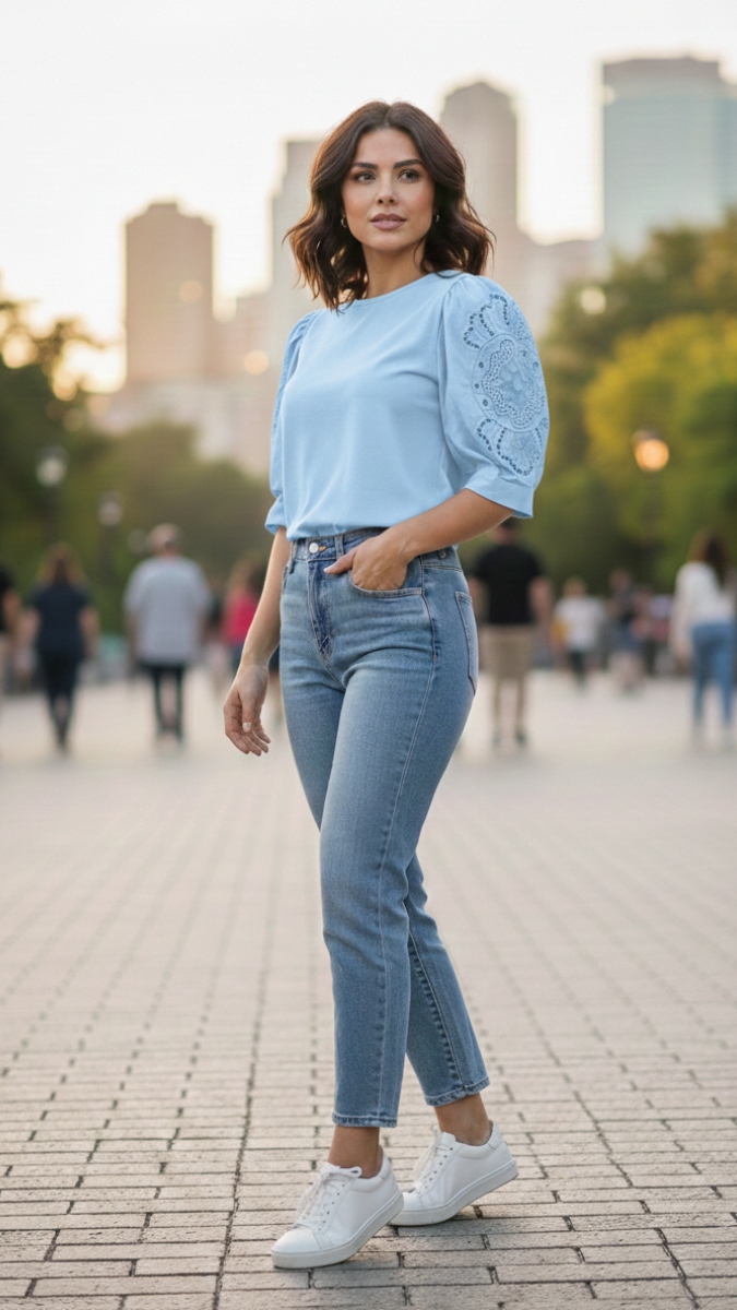 Stylish Balloon Sleeve Round Neck Top FC2163
