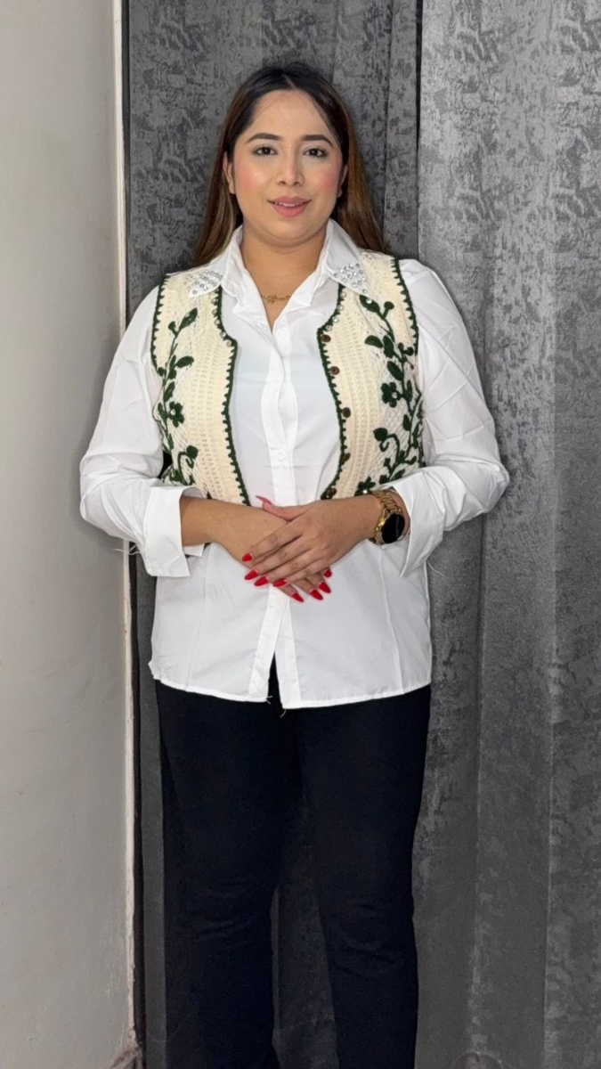 Stylish Crochet Crop Jacket With Plain Shirt FC1848