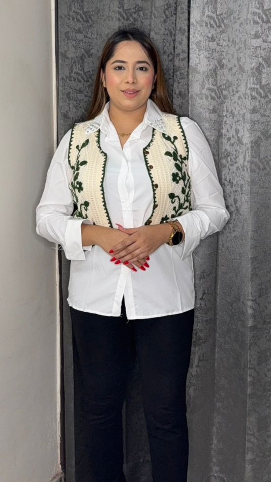 Stylish Crochet Crop Jacket With Plain Shirt FC1848