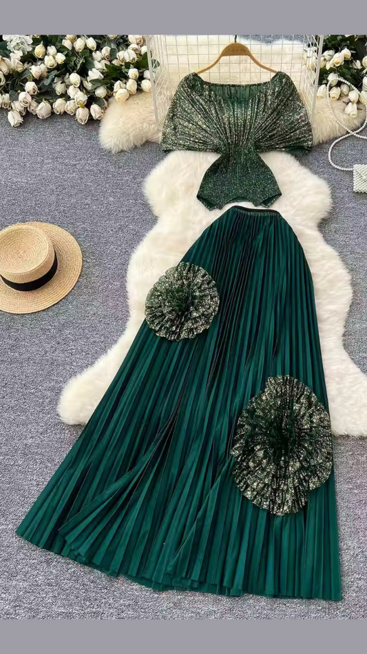 Stylish Flower Embellished Pleaded Long Skirt Set FC1945
