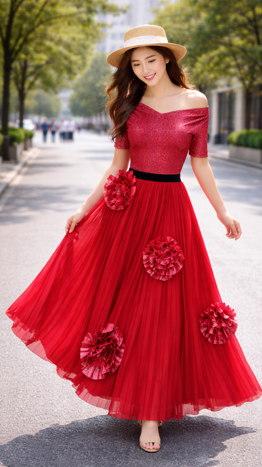 Stylish Off Shoulder Top With Flower Embedded Skirt FC2227
