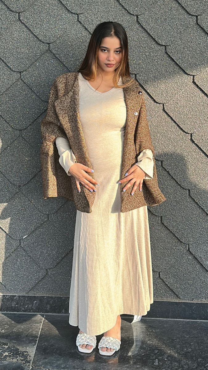 Stylish Round Neck Cape With Knitting Dress FC2035