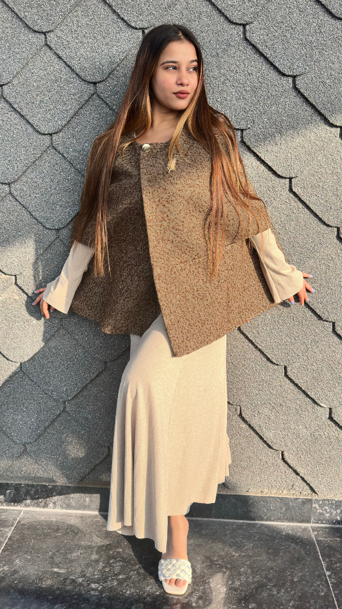 Stylish Round Neck Cape With Knitting Dress FC2035