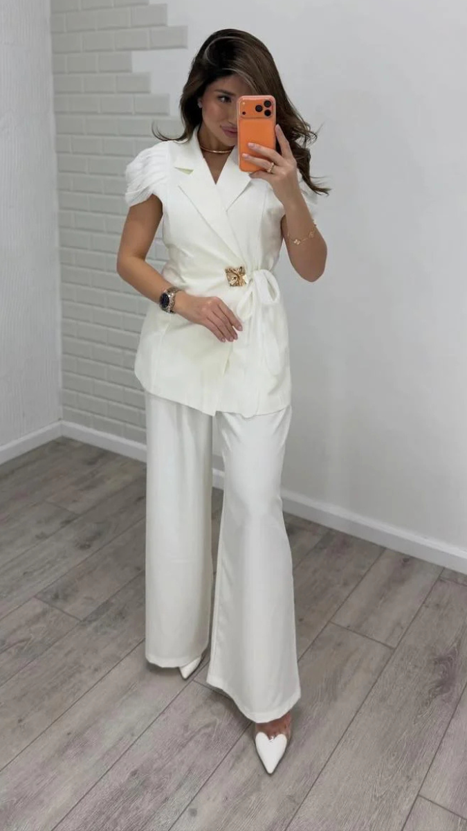 Stylish Sleeve Wrap Around Long Top And Loose Pant Coord Set FC2407