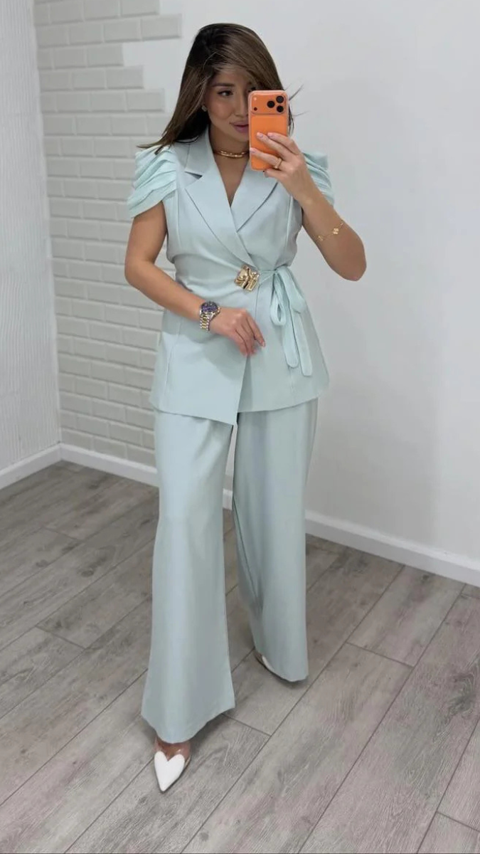 Stylish Sleeve Wrap Around Long Top And Loose Pant Coord Set FC2407