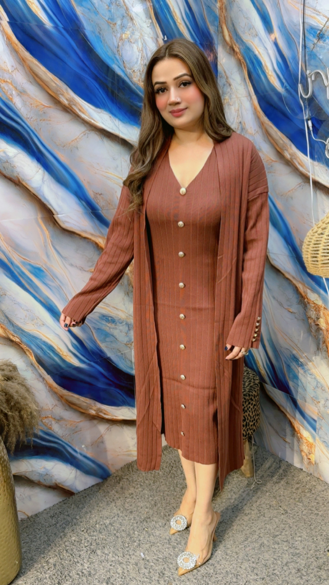 Stylish Woolen A- Line Dress With Long Shrug FC1995