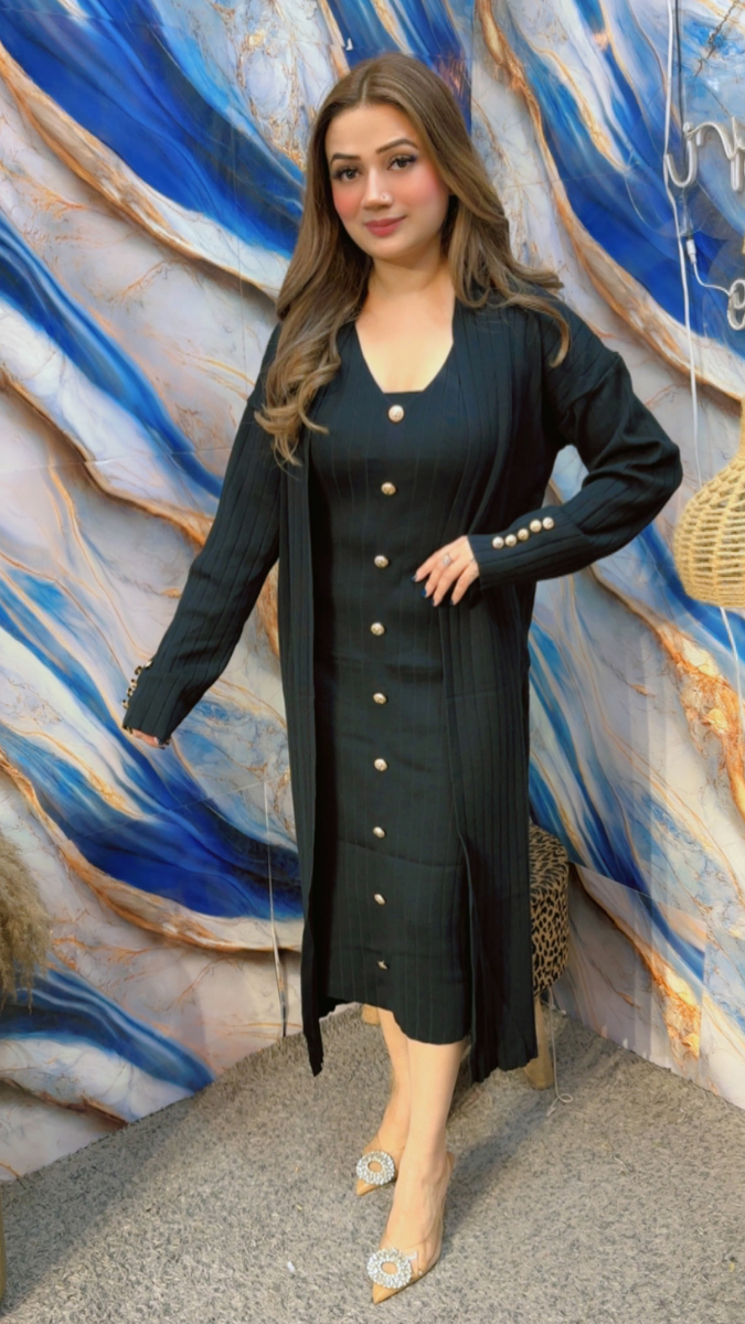 Stylish Woolen A- Line Dress With Long Shrug FC1995