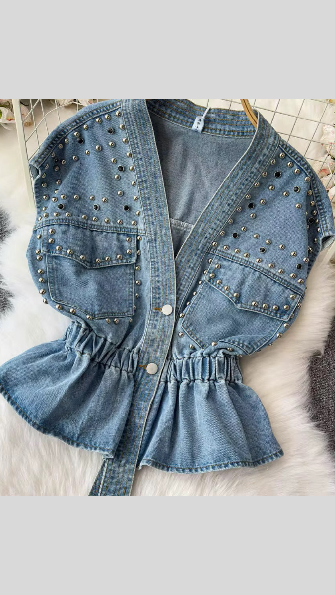 Stylish Stone Embedded Denim Shirt FC1944