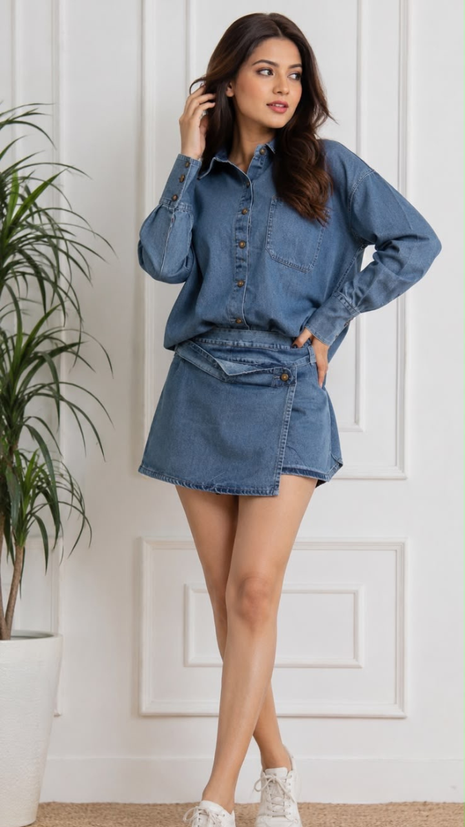 Stylish Shirt With Short Skirt Denim Coord Set FC2519