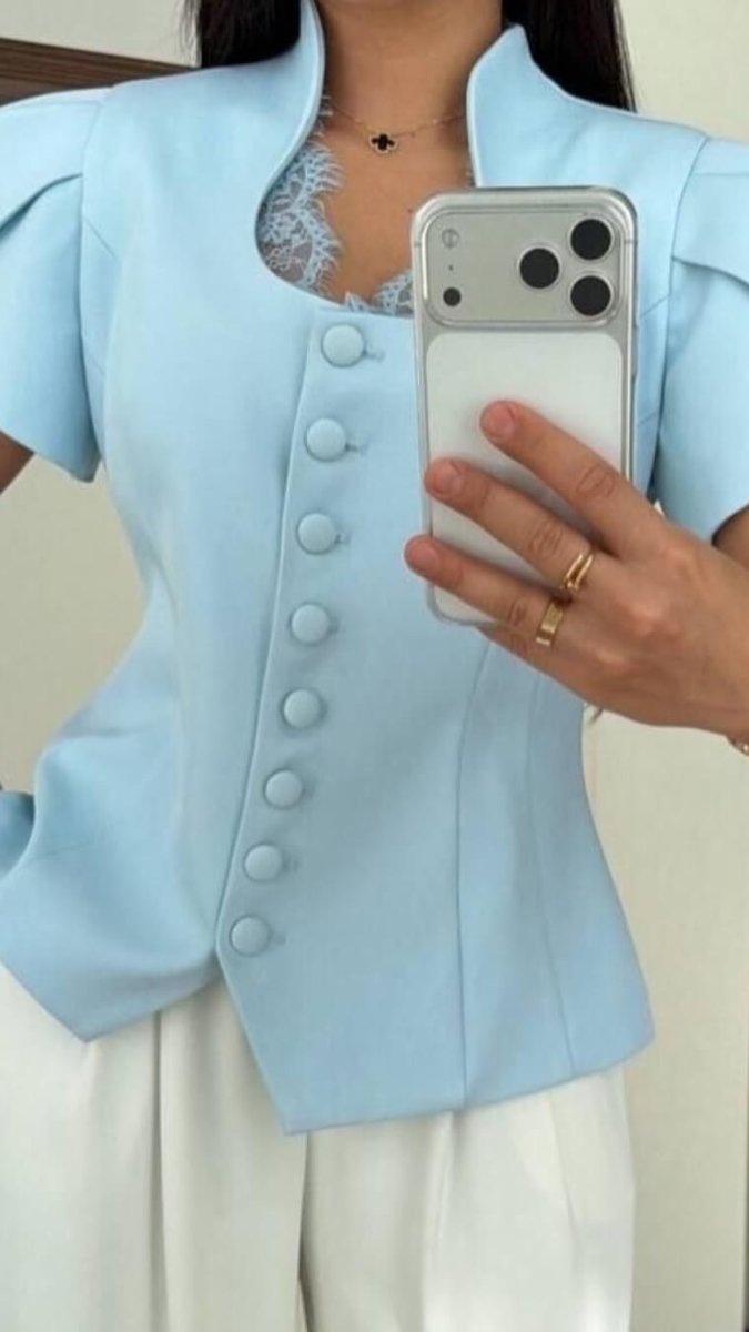 Stylish Sleeve And Neckline With Button Front Top FC2593