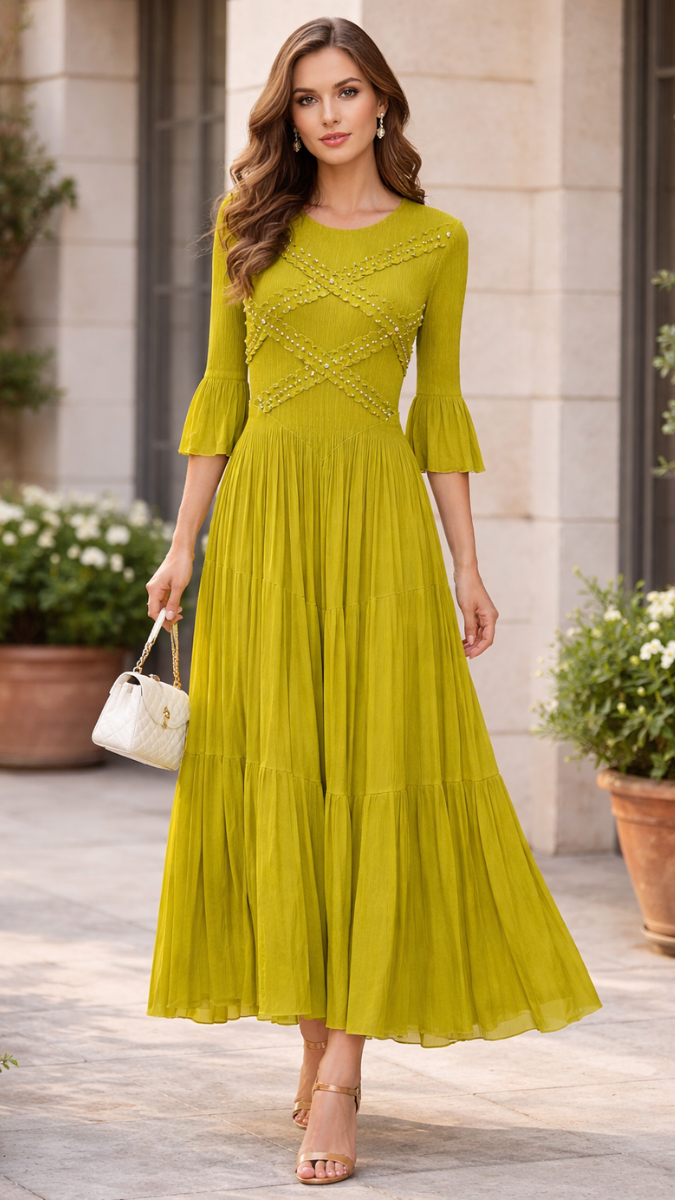 Stylish Sleeve Lace Embroidery Midi Dress FC2417