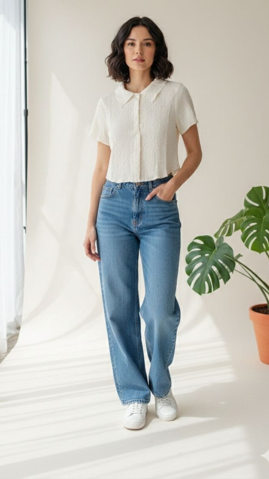 Textured Collar Half Sleeve Crop Shirt FC2198