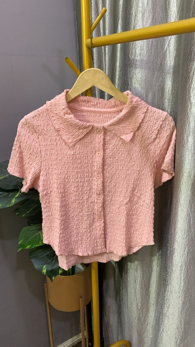 Textured Collar Half Sleeve Crop Shirt FC2198