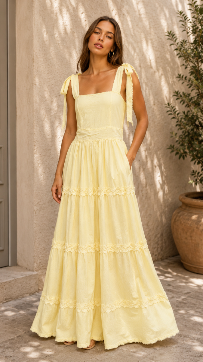 Tie Knot Sleeve Lace Designed Maxi Dress FC2512