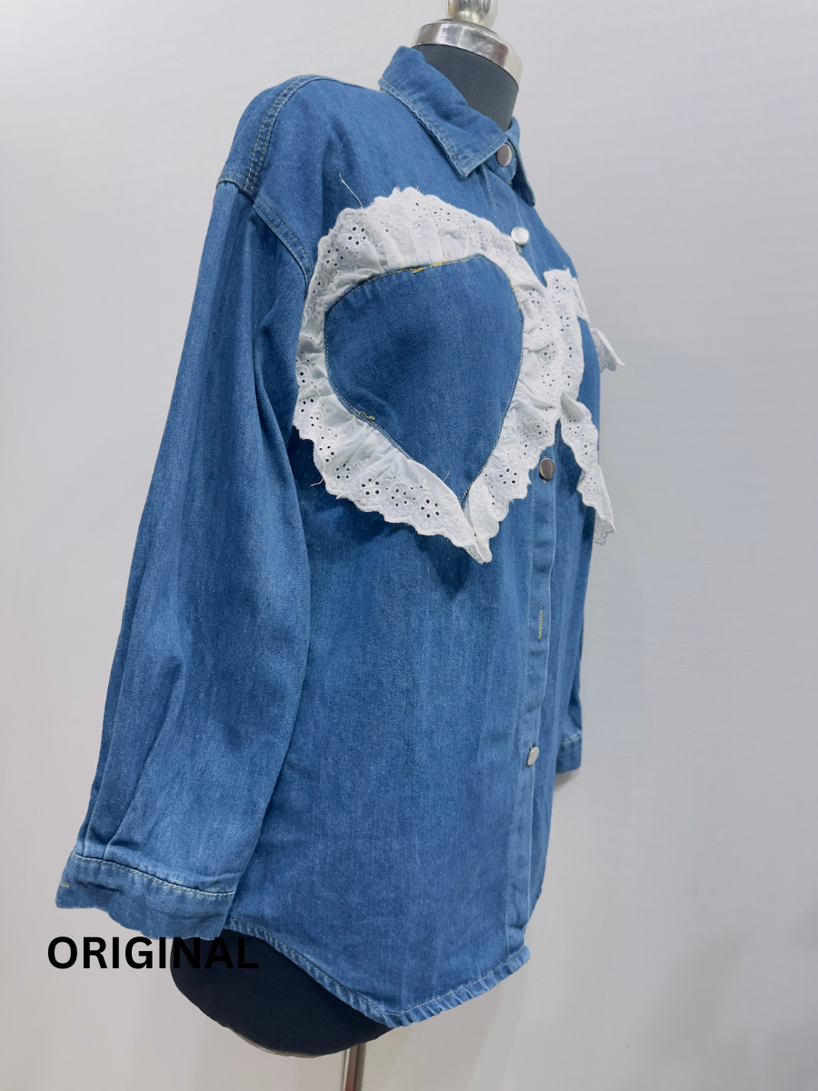 Two Heart  Embroidery Design Denim Shirt FC1472