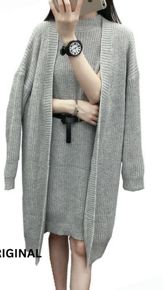 Two Piece Long Cardigan Crew Neck Sweater Dress for Women