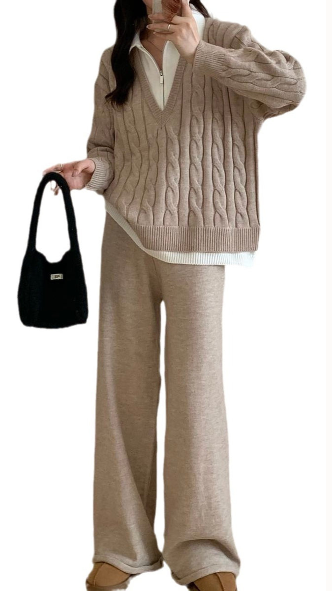 V-Neck Knitted Sweater And Loose Pants Coord Set FC1727