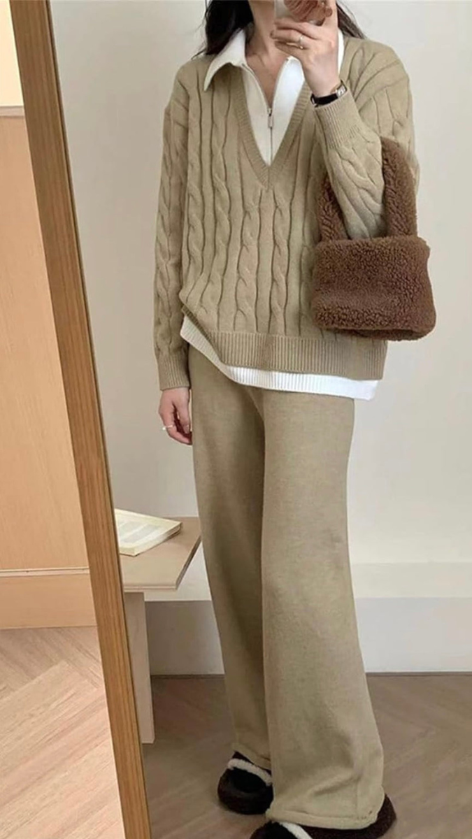 V-Neck Knitted Sweater And Loose Pants Coord Set FC1727