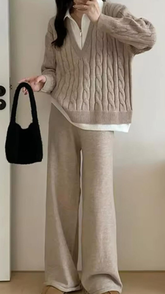 V-Neck Knitted Sweater And Loose Pants Coord Set FC1727