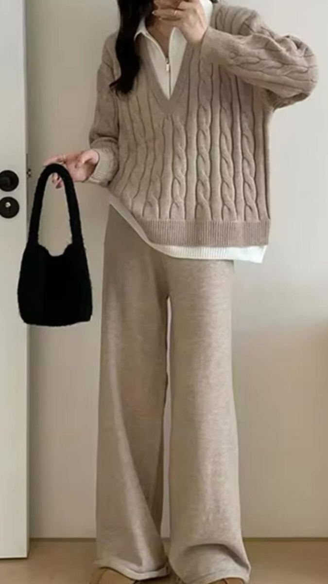 V-Neck Knitted Sweater And Loose Pants Coord Set FC1727