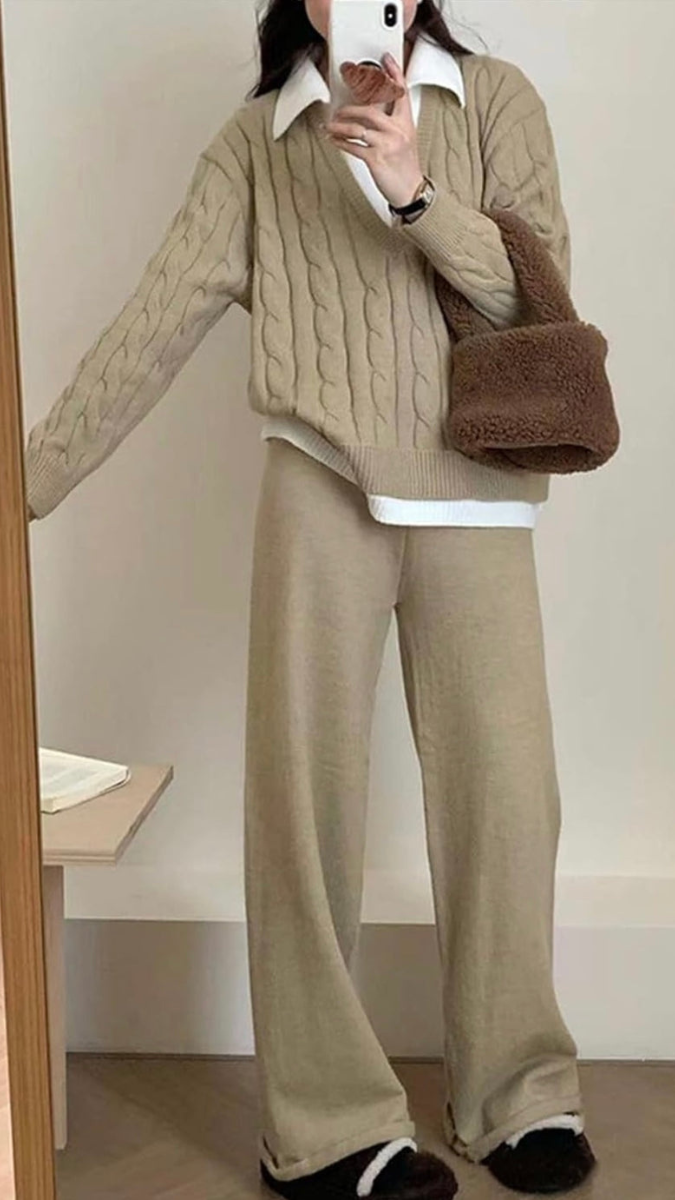 V-Neck Knitted Sweater And Loose Pants Coord Set FC1727