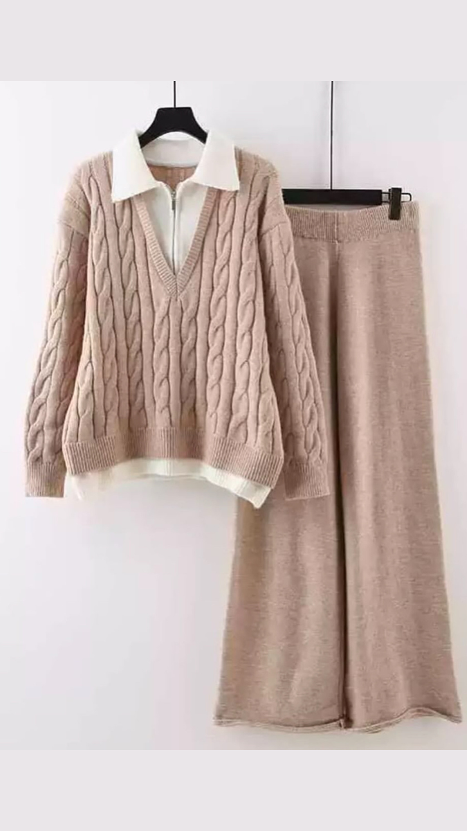 V-Neck Knitted Sweater And Loose Pants Coord Set FC1727