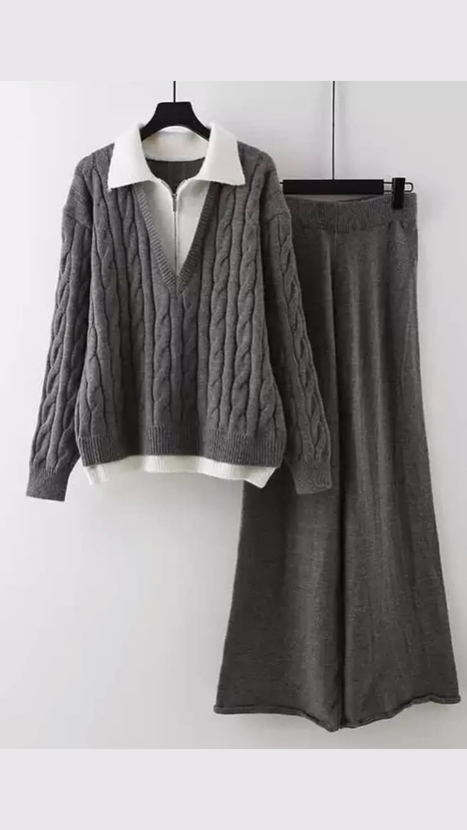 V-Neck Knitted Sweater And Loose Pants Coord Set FC1727