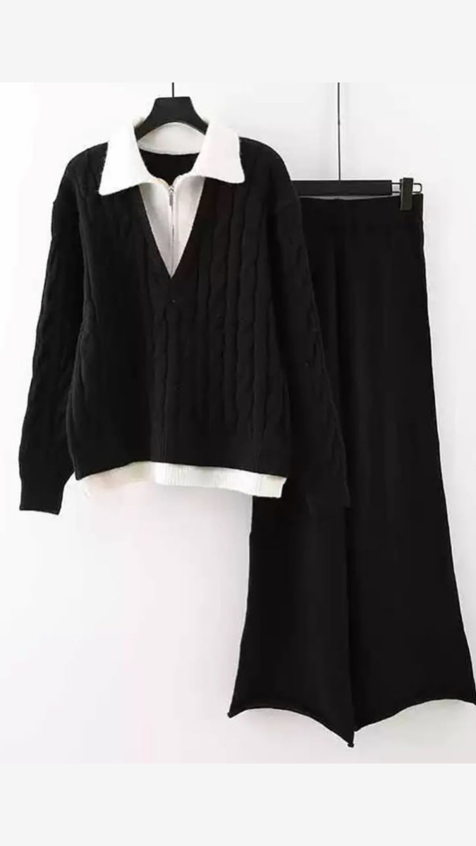 V-Neck Knitted Sweater And Loose Pants Coord Set FC1727