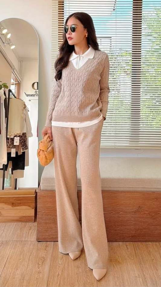 V-Neck Knitted Sweater And Loose Pants Coord Set FC1727
