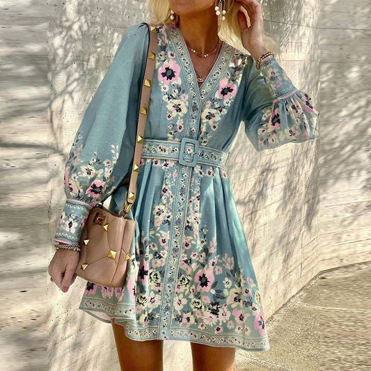 V-neck Print A-Line Dress With Belt