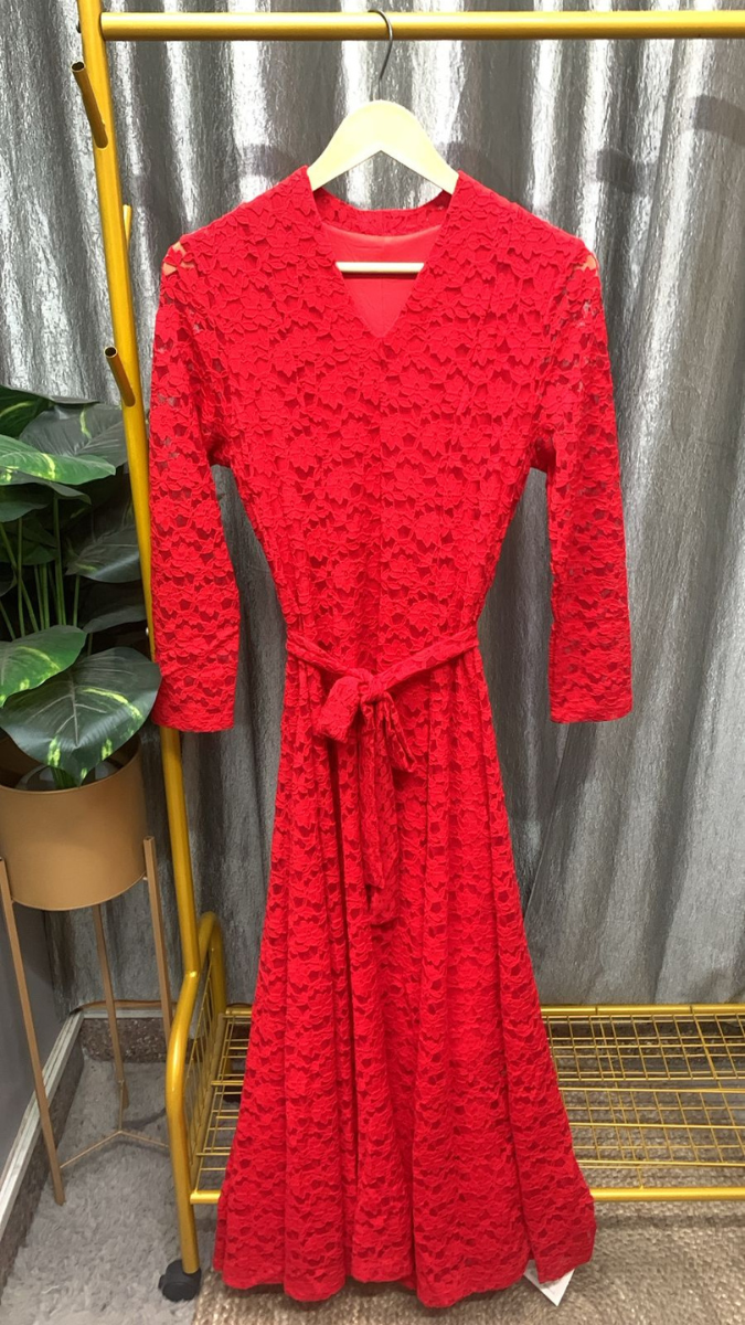 V Neck Floral Designed Net Maxi Dress FC2370