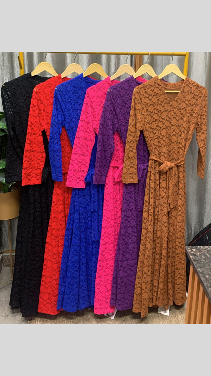 V Neck Floral Designed Net Maxi Dress FC2370