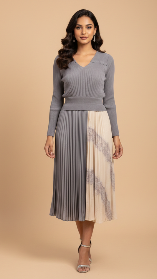 V Neck Full Sleeve Pleaded Skirt Maxi Dress FC2212