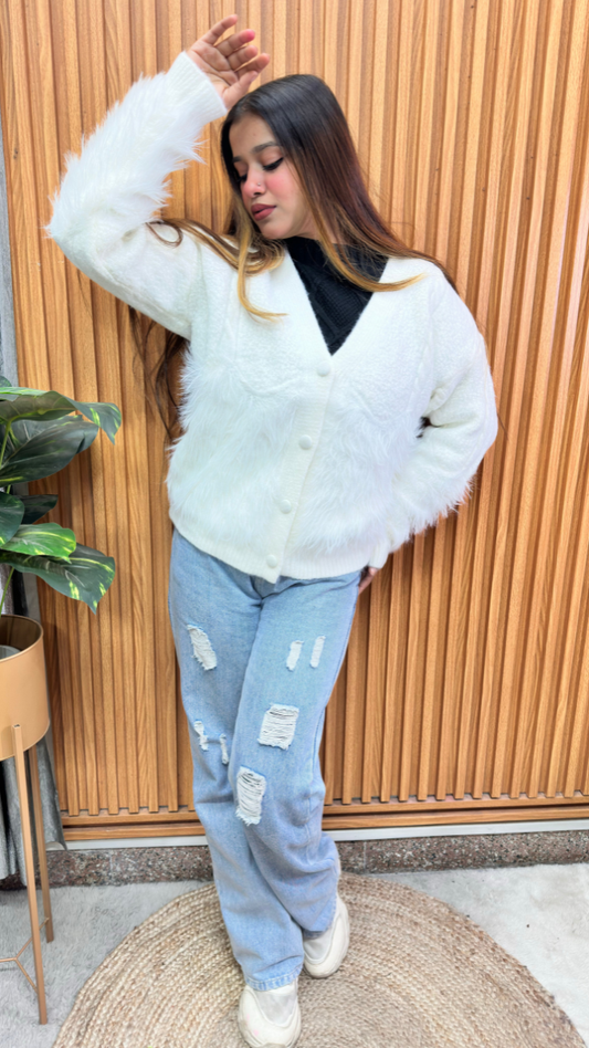 V Neck Half Fur Front Buttoned Top FC2127