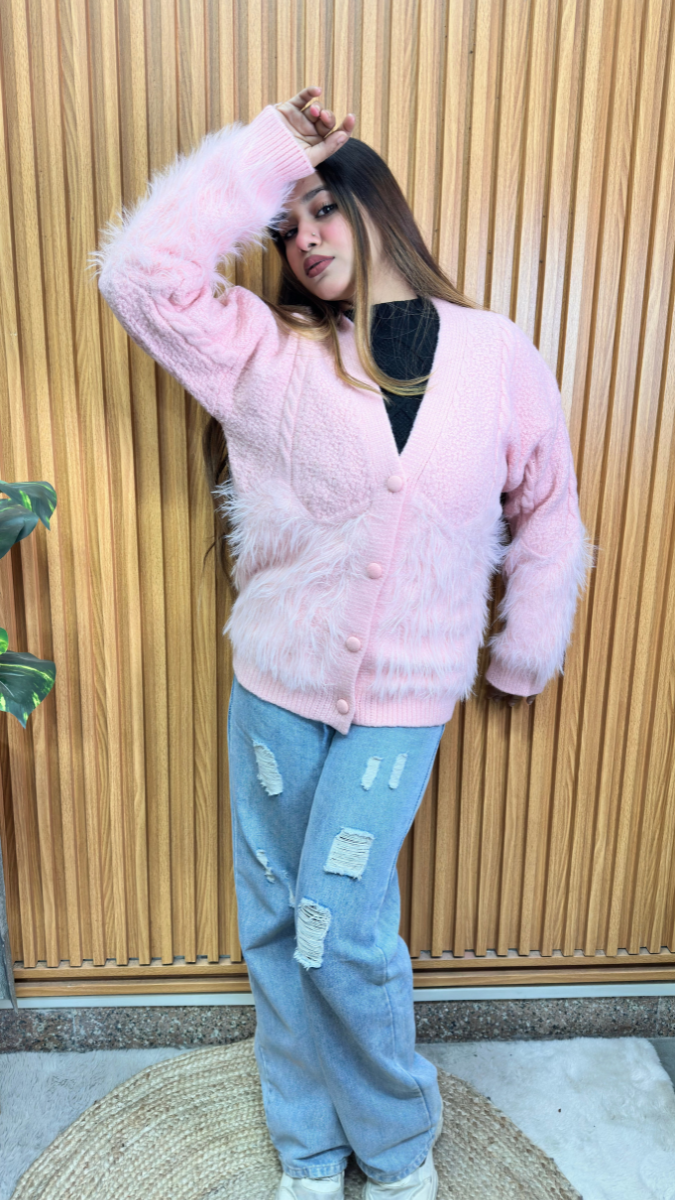 V Neck Half Fur Front Buttoned Top FC2127