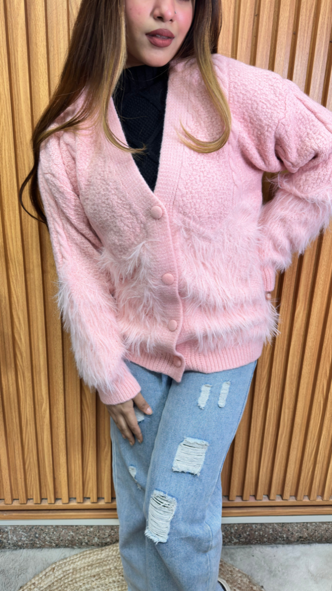 V Neck Half Fur Front Buttoned Top FC2127