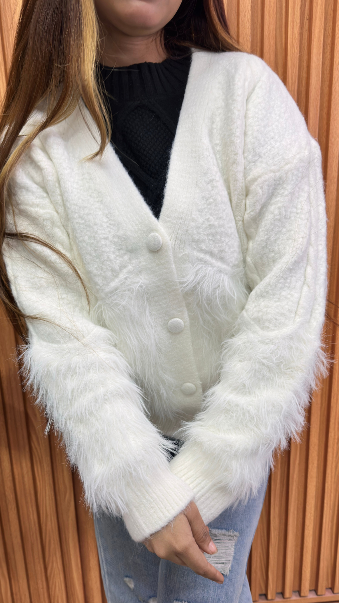 V Neck Half Fur Front Buttoned Top FC2127