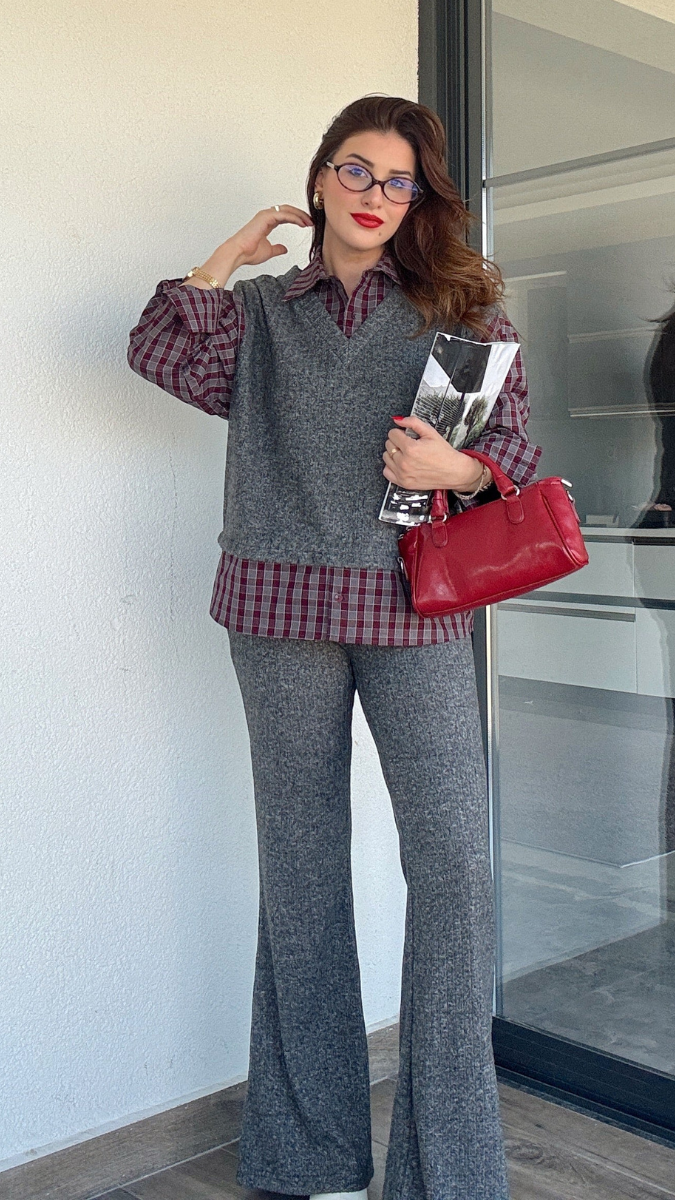 V Neck Half Sweater With Check Shirt Coord Set FC1999