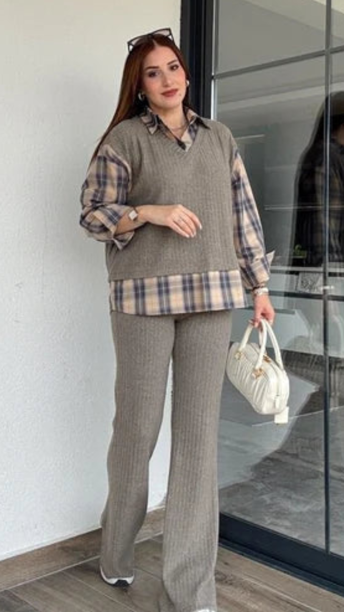 V Neck Half Sweater With Check Shirt Coord Set FC1999