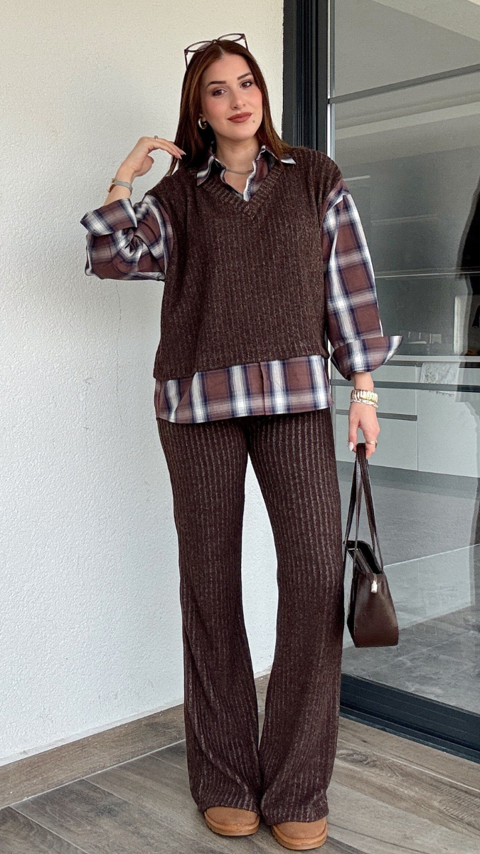 V Neck Half Sweater With Check Shirt Coord Set FC1999