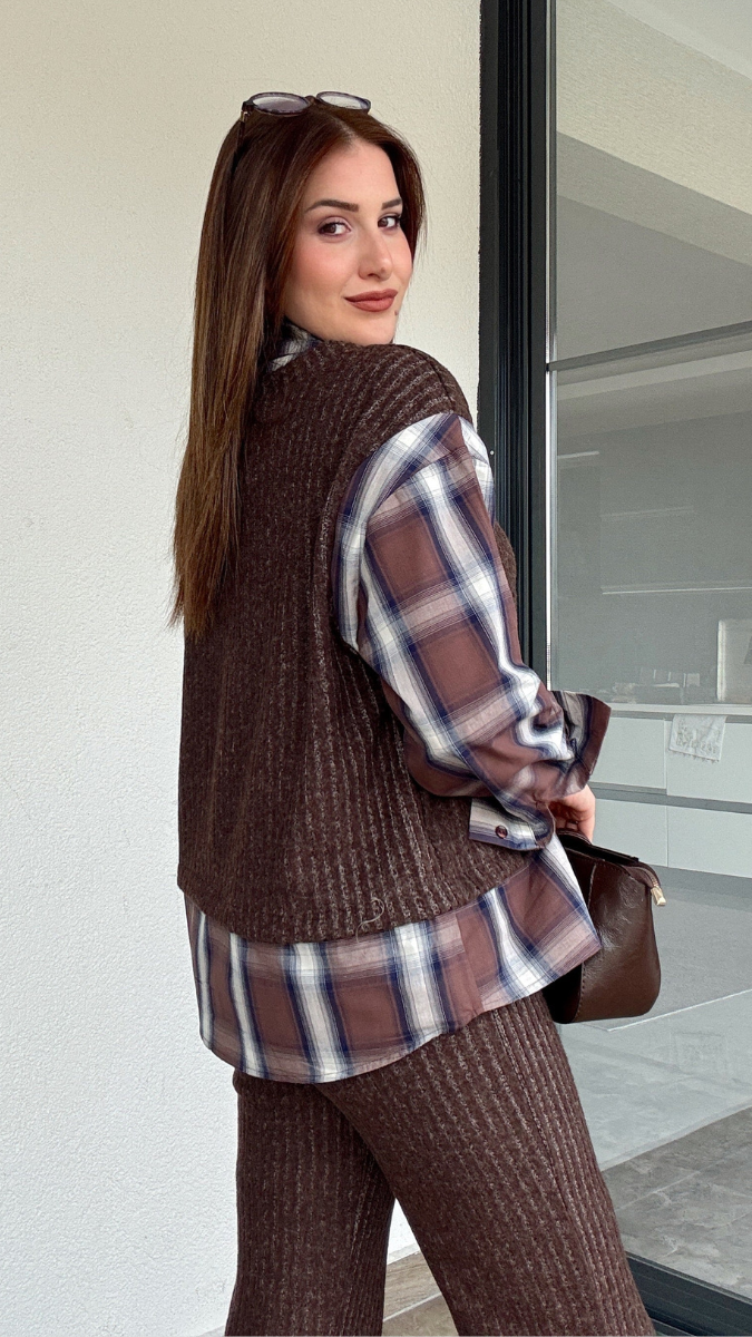 V Neck Half Sweater With Check Shirt Coord Set FC1999