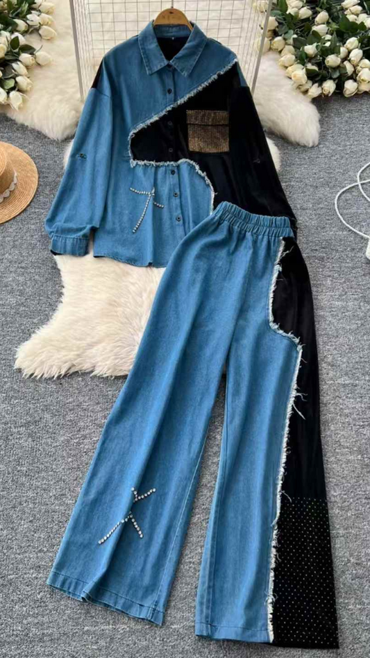 Velvet Patchwork Designed Denim Co- Ord Set FC1568