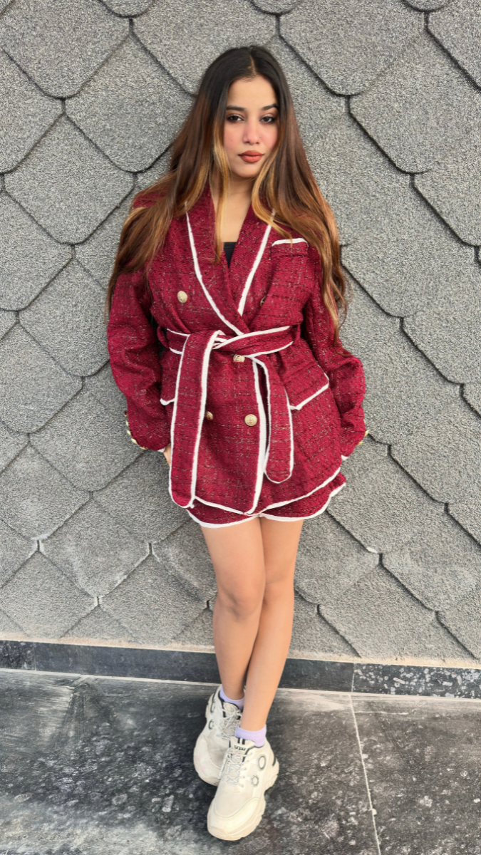 White Border Line Coat And Short Coord Set FC2117